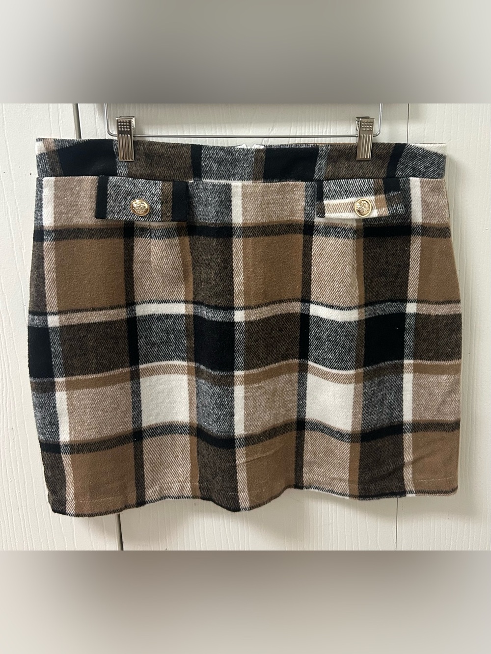 SHEIN Brown Black and Cream Plaid Mini Skirt with Gold Buttons